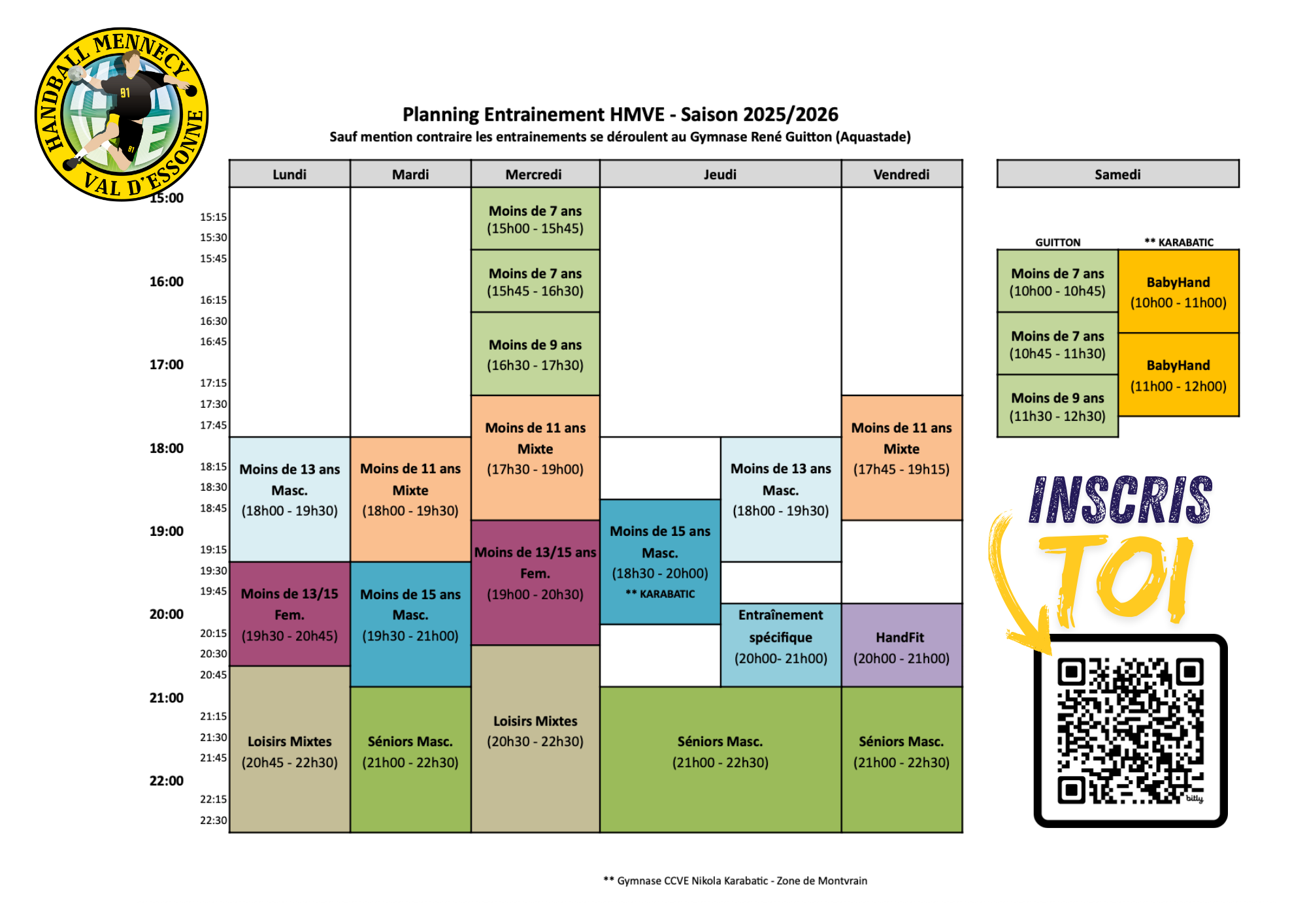 Planning des entrainements 2025-2026
