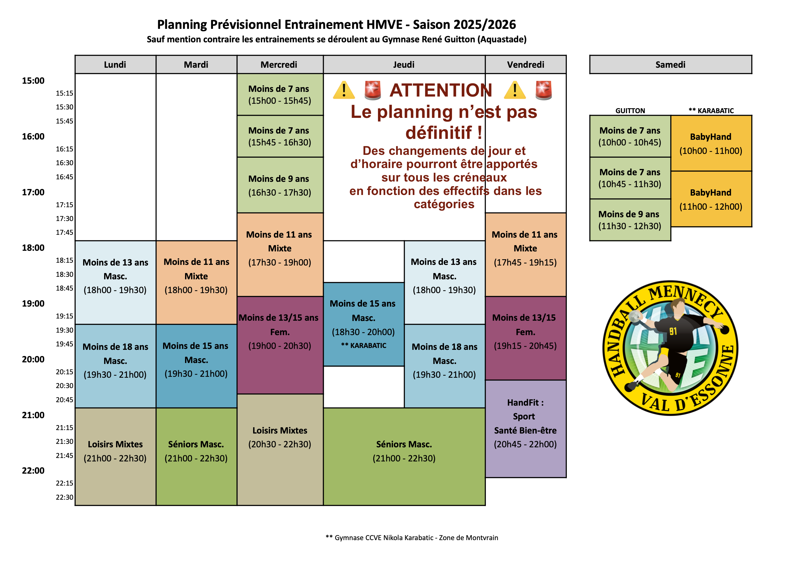 Hypothèse pour le planning des entrainements 2025-2026
